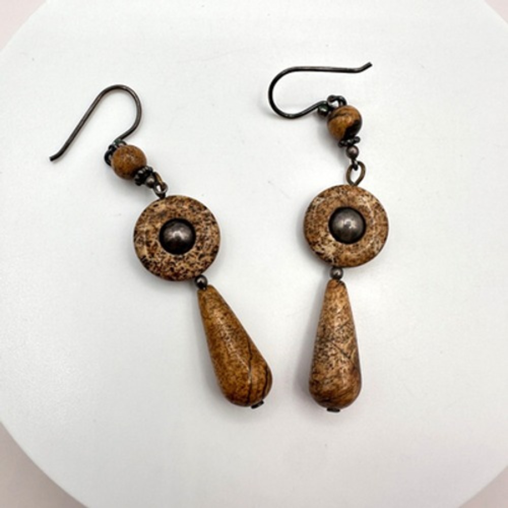 90s Vintage Natural Jasper Dangle Earrings Brown Boho Earthy Jewelry